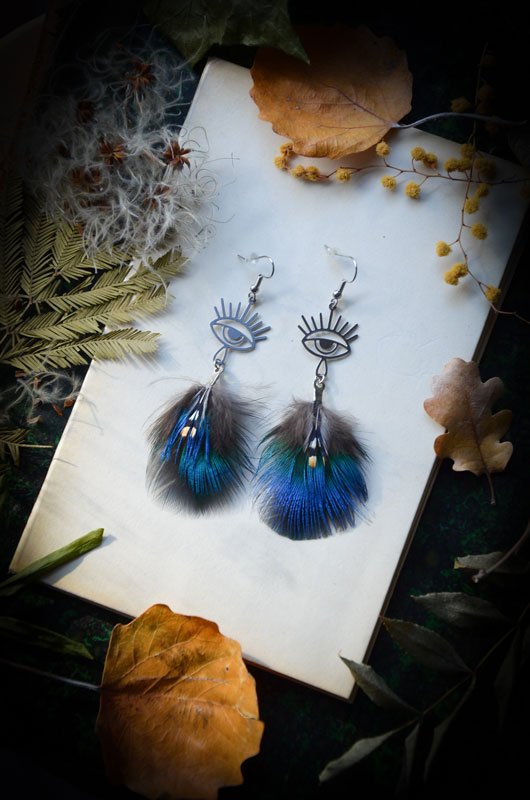 Boucles d'oreilles Plumes de Paon et Coq de Sonnerat