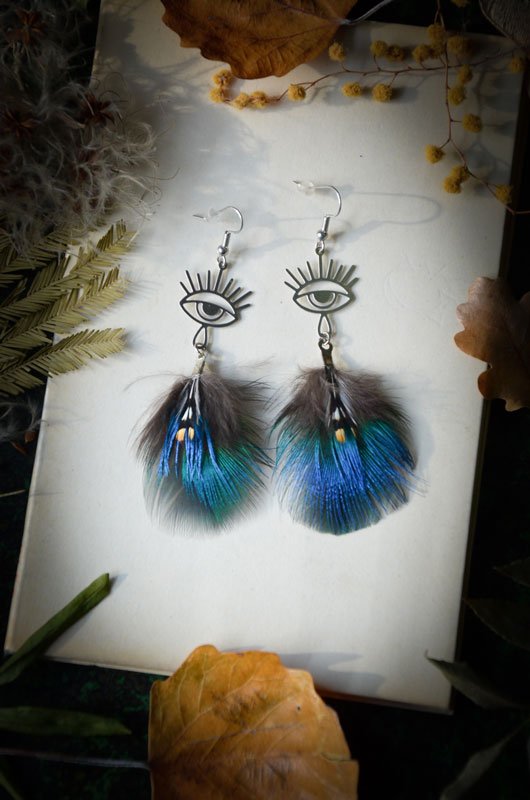 Boucles d'oreilles Plumes de Paon et Coq de Sonnerat
