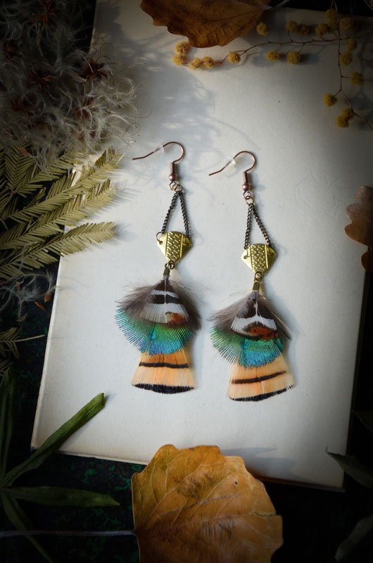 Boucles d'oreilles Plumes de Paon & Faisan