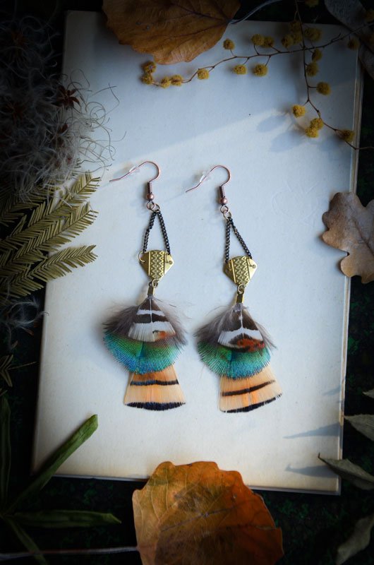 Boucles d'oreilles Plumes de Paon & Faisan