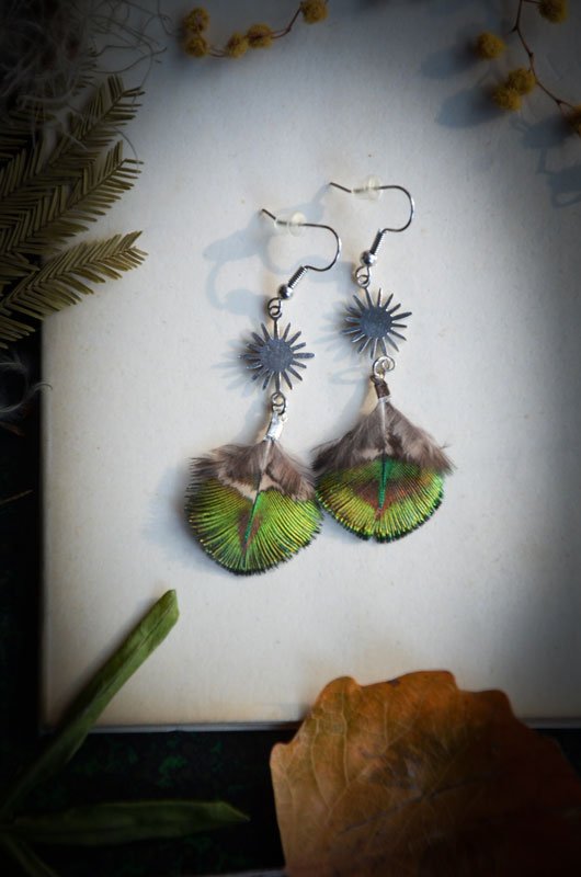 Boucles d'oreilles Plume de Paon & Soleil