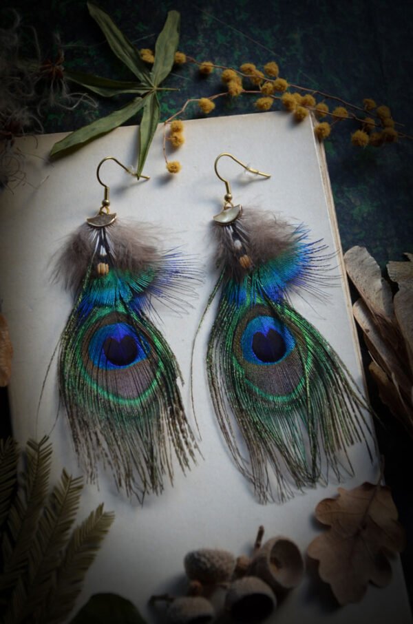 Boucles d'oreilles Plumes de Paon et coq de sonnerat