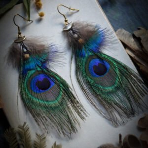 Boucles d'oreilles Plumes de Paon et coq de sonnerat