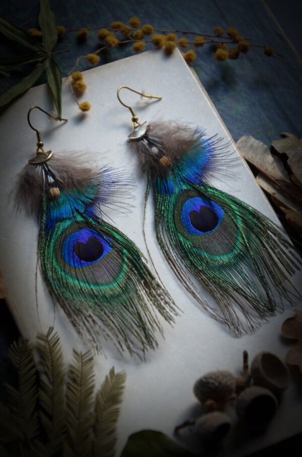Boucles d'oreilles Plumes de Paon et coq de sonnerat