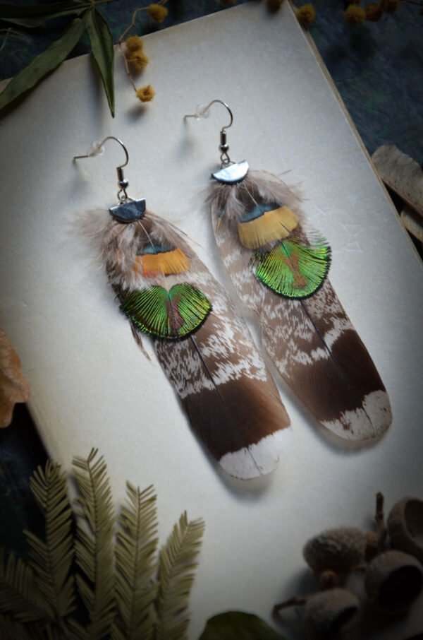 Boucles d'oreilles Plumes naturelles Paon vert