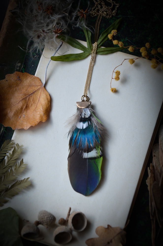 Sautoir Plumes naturelles Paon Faisan – Image 1